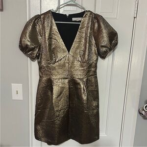 LOFT Metallic Gold Puff Sleeve Dress